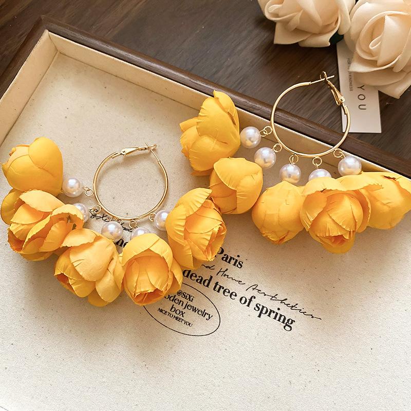 Fabric Flower Bloom Hoop Earrings for Women Super Fairy Round Imitation Pearl Earring Light Luxury Sweet Holiday Ear Buckles D