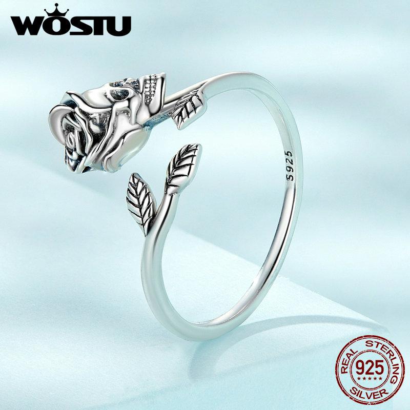 WOSTU 925 Sterling Silver Punk Skull Hand Opening Rings With Red Heart CZ Women Hip Hop Special Holiday Jewelry Gifts Halloween