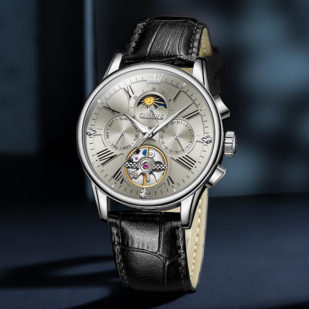 OLEVS Luxury Automatic Mechanical Watches for Men Leather Strap Calendar Week Tourbillon Man Watch Hollowed Men's Watches