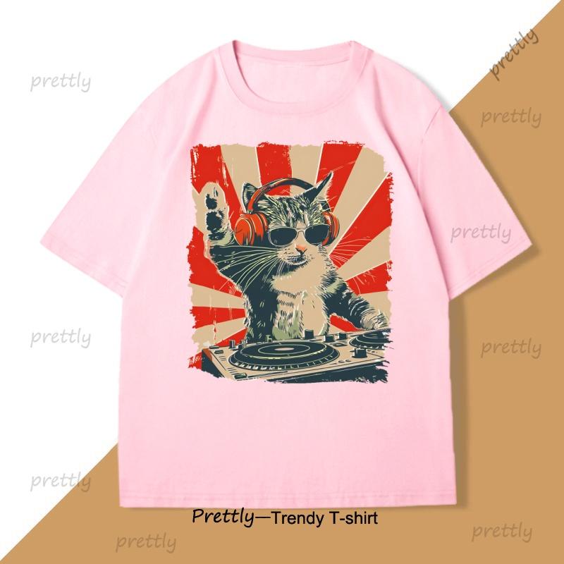 Cool DJ Cat TShirt Funny Cat with Headphones Graphic T Shirts Trendy Short Sleeve Round Neck Tshirt Streetwear Cotton Tees