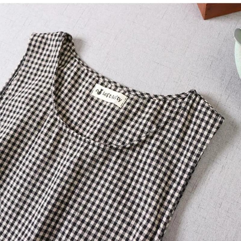 Summer Women Fashion Plaid Sleeveless Long Dress O Neck Casual Dresses Ladies Loose Pockets A Line Vestidos