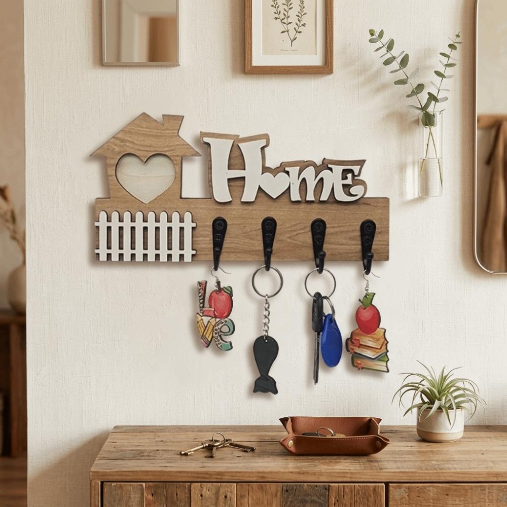 Vintage Wooden Key Hook 4 Hooks Key and Accessory Hanger Wall Storage Rack Entrance Decoration