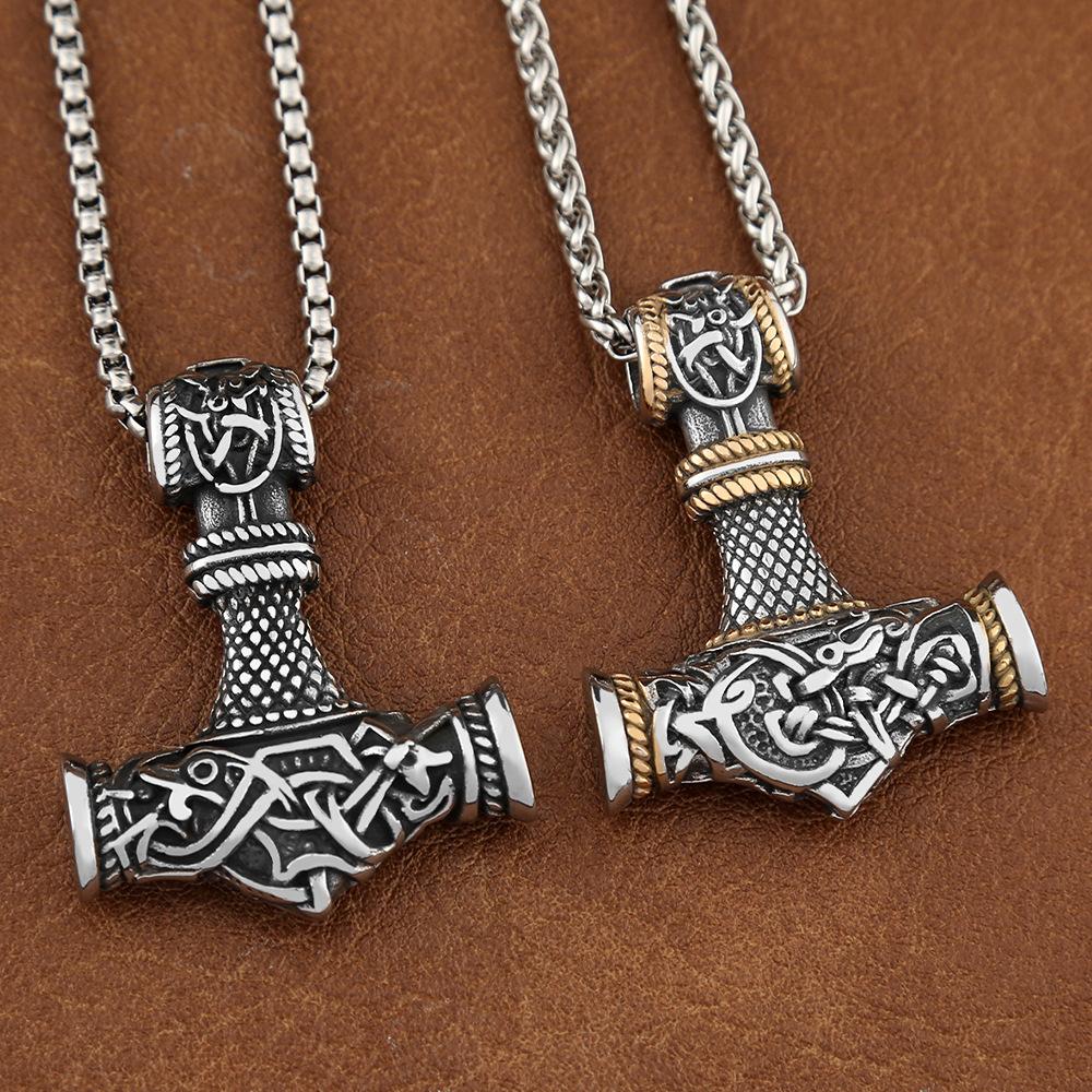 Unique Stainless Steel Vikings Thor Hammer Pendant Vintage Scandinavian Rune Necklace for Men Punk Jewelry Accessories