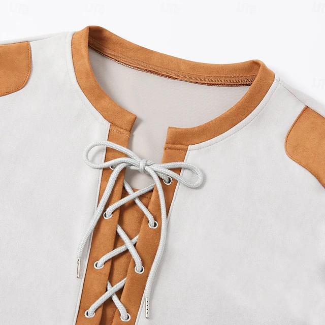 Podzim/Zima 2025 Patchwork Henley Outdoor Streetwear Pánské semišové tričko s dlouhým rukávem a stahovací šňůrkou