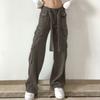 Fashion Women's Cuffed Multi-pocket Button Cargo Pants Low Waist Wide Leg Jeans