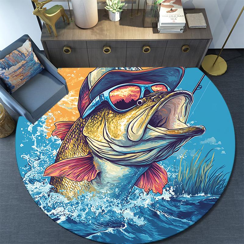 Bass Fish Round Area Rug,Carpet Rug for Living Room Bedroom Sofa Playroom Decor,Non-slip Floor Mat