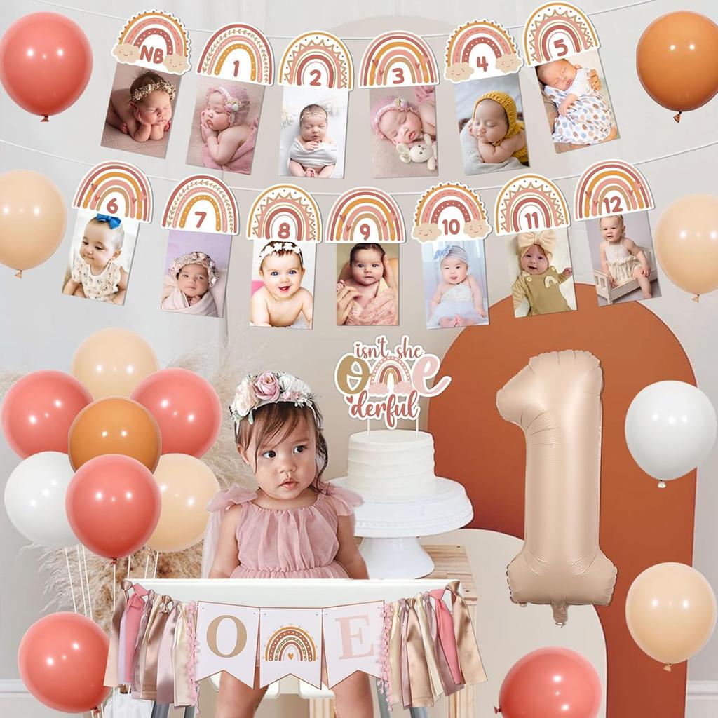 Boho Rainbow 1st Birthday Decorations for Girl, Isn’t She Lovely Isn't She Onederful Backdrop Cake Topper Apricot Pink Balloon Garland Arch Kit