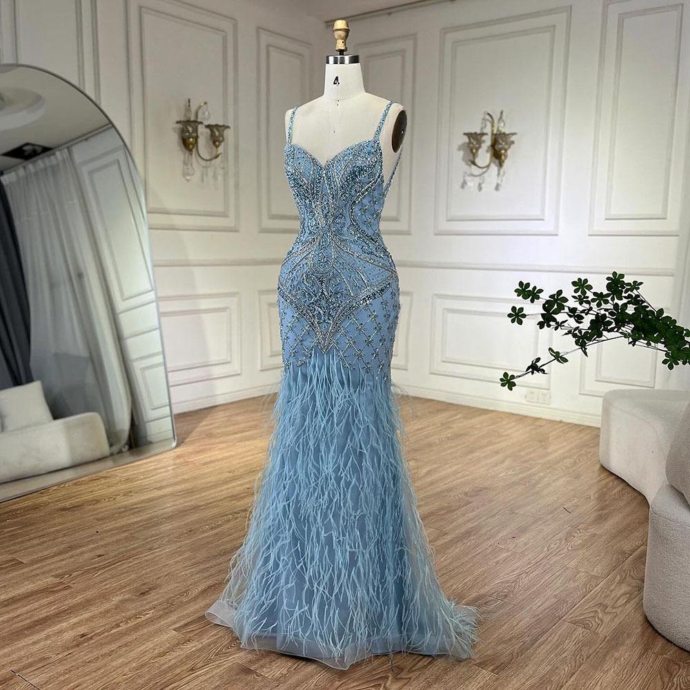 Serene hill blue elegant feather suspender fishtail skirt light luxury host banquet evening dress LA11111
