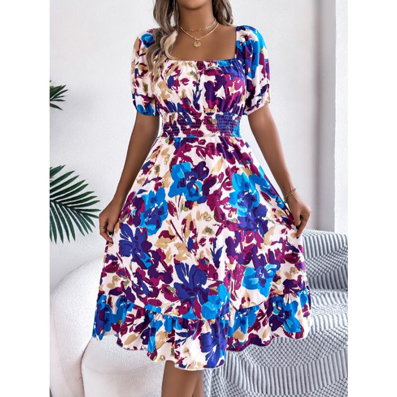 New Women's Floral Print Square Neck Dress, Short Sleeve A-Line Midi Dress with Ruffle Hem & Tie Waist for Spring Summer Casual Party & Daily Wear