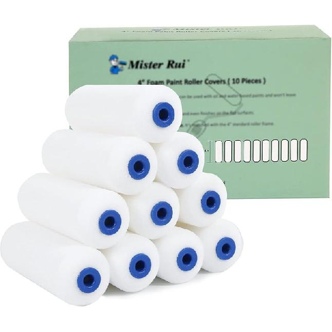 Mister Rui Foam Paint Roller, 4 Inch Paint Roller 8 Pack, Small Paint Roller, High Density Foam Paint Roller Tray and Liner Set, Sponge Rollers for