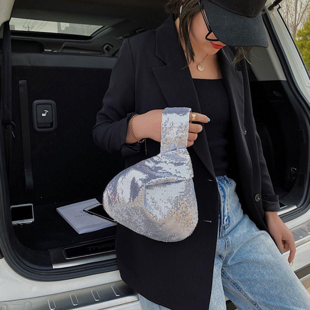 Korean Style Sequin Handbag Solid Color Tote Bag Cute Knot Wrist Bag  Travel