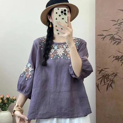 Camiseta de Moda Bordada de Manga Tres Cuartos Verano Suelta y Fina de Algodón Cuello Redondo Pullover Camisa Pequeña Top