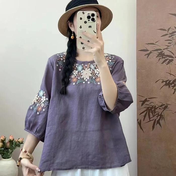 

Embroidered Fashion Three-quarter Sleeve T-shirt Summer Loose and Thin Cotton Round Neck Pullover Small Shirt Top M