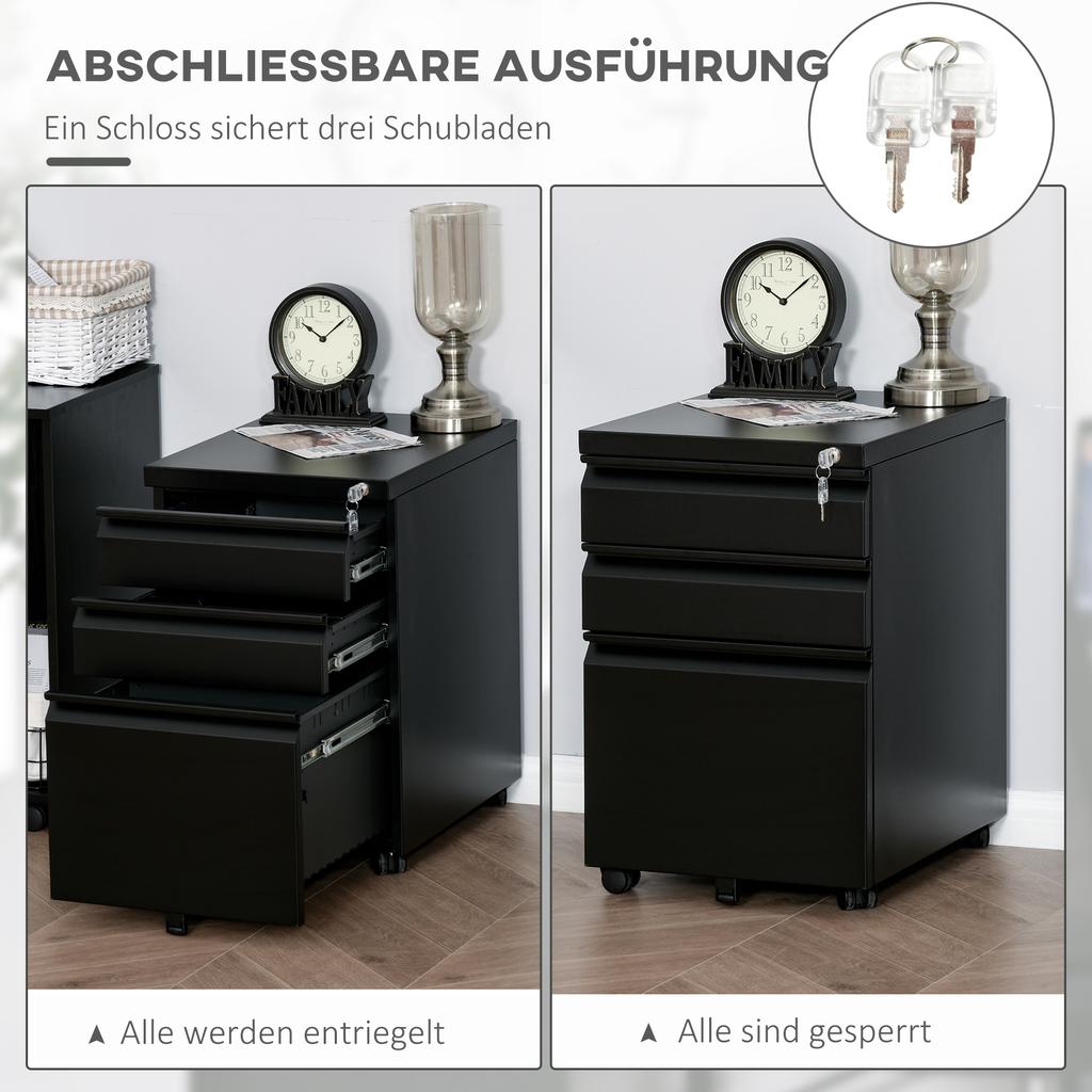 3 Drawer Filling Cabinet, Mobile Metal File Cabinet with Anti-tilt Design for Letter, A4, Legal Size, Black