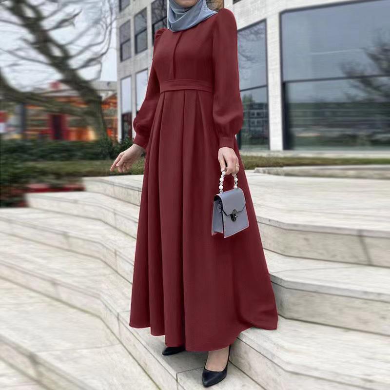New Arrival: Cross-Border Middle East Casual Loose Solid Color Zipper Muslim Long Dress with Belt