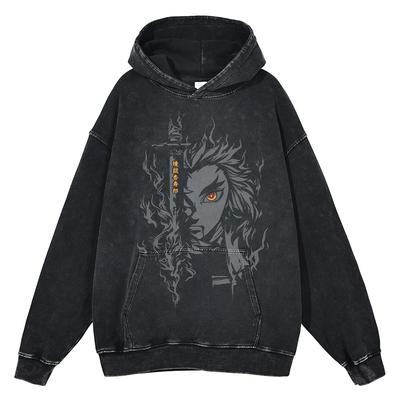 Japan Anime Demon Slayer Rengoku Kyoujurou Graphic Washed Hooded Men Manga High Quality Hoodies Harajuku Male Cotton Sweatshirt