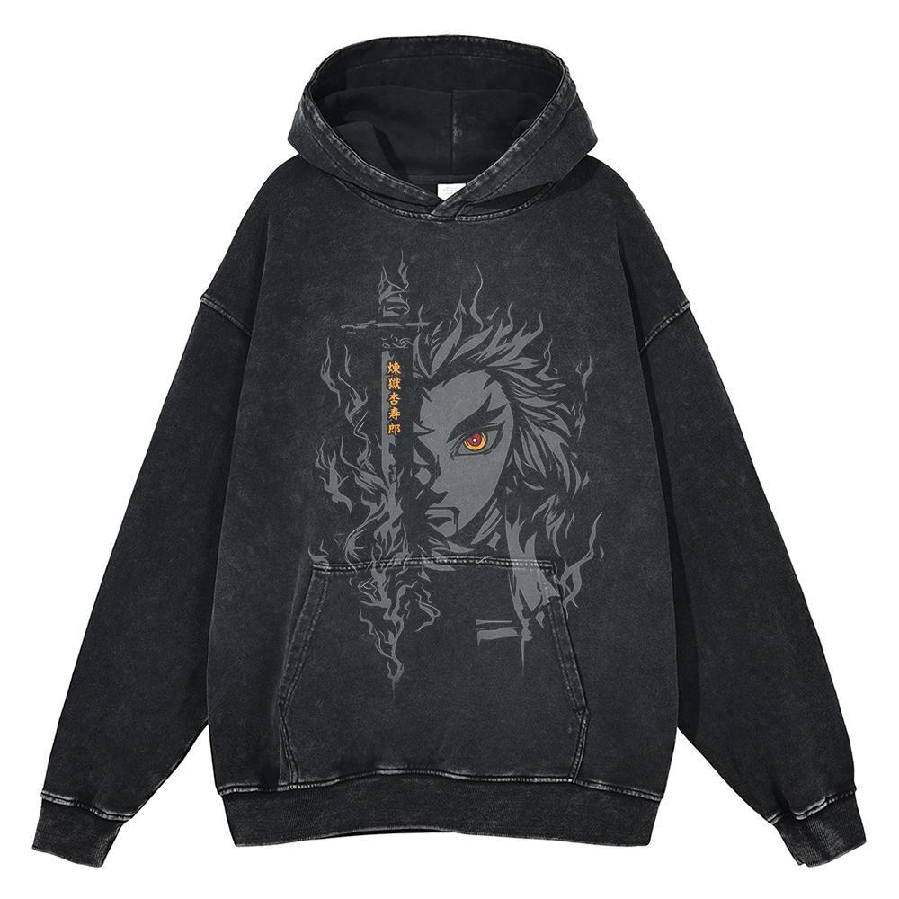 Japan Anime Demon Slayer Rengoku Kyoujurou Graphic Washed Hooded Men Manga High Quality Hoodies Harajuku Male Cotton Sweatshirt