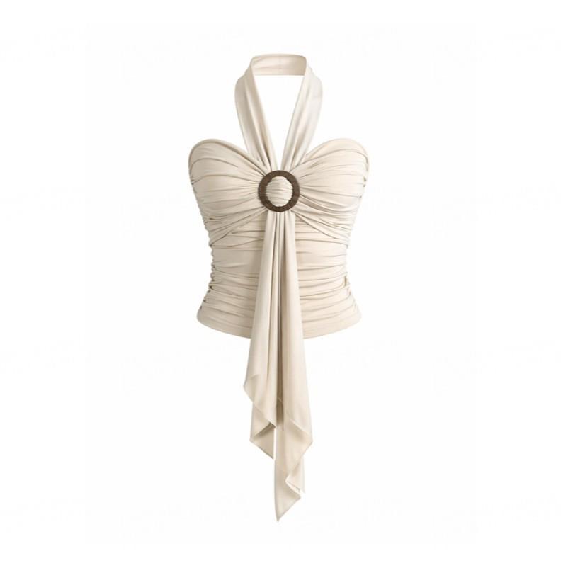 Spice Girl Design Sense Neck Ribbon Tube Top Women's Summer Wood Ring Accessories Pleated Waist Skinny Fashion Temperament Vest