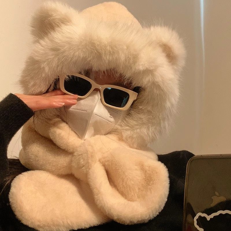 Warm Winter Scarf Bear Plush Hat Scarf Integrated Thickened Ear Protection Hat Cold Protection Lei Feng Hat Two in one