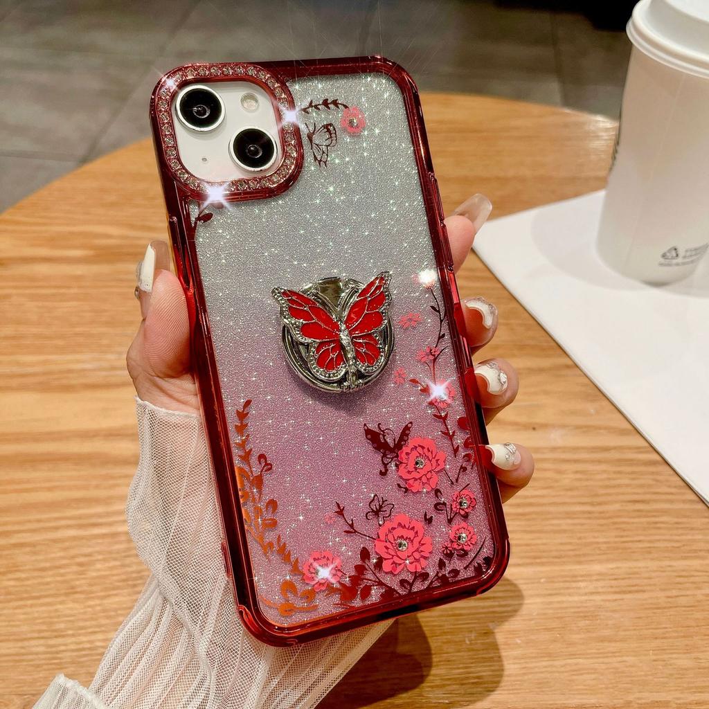 Suitable for Apple 16ProMax, Butterfly Ring Stand, Phone Case, Rhinestone, IPhone15 Electroplated Gradient Glitter Case