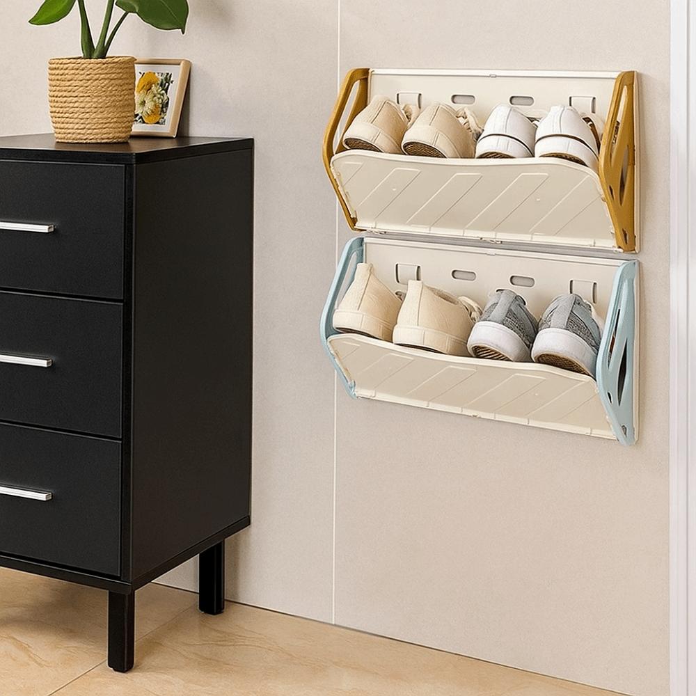 Practical Plastic Folding Shoe Rack Large Capacity Space Saving Wall-Mounted Shoe Rack No Punching Hidden Storage Shelf Entryway