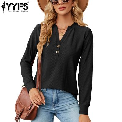 Women's Fashion Casual Spring Fall Solid Color Print Long Sleeve V-Neck Blouses & Shirts