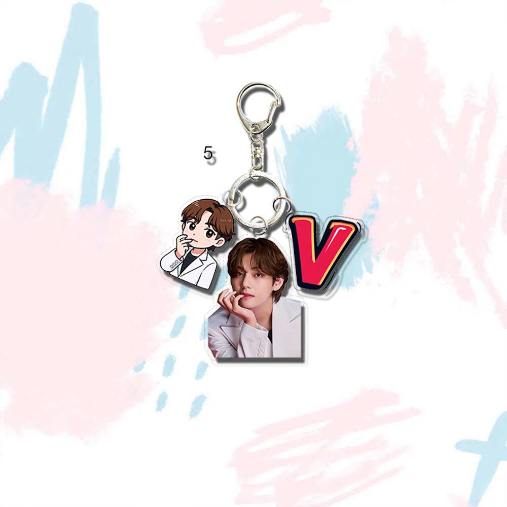 BTS White Suit Triple-Charm Keychain, Bangtan Boys Photo, Cartoon & Colorful Name Tag Keyring, Kpop Idol Bag Pendant for ARMY Fans