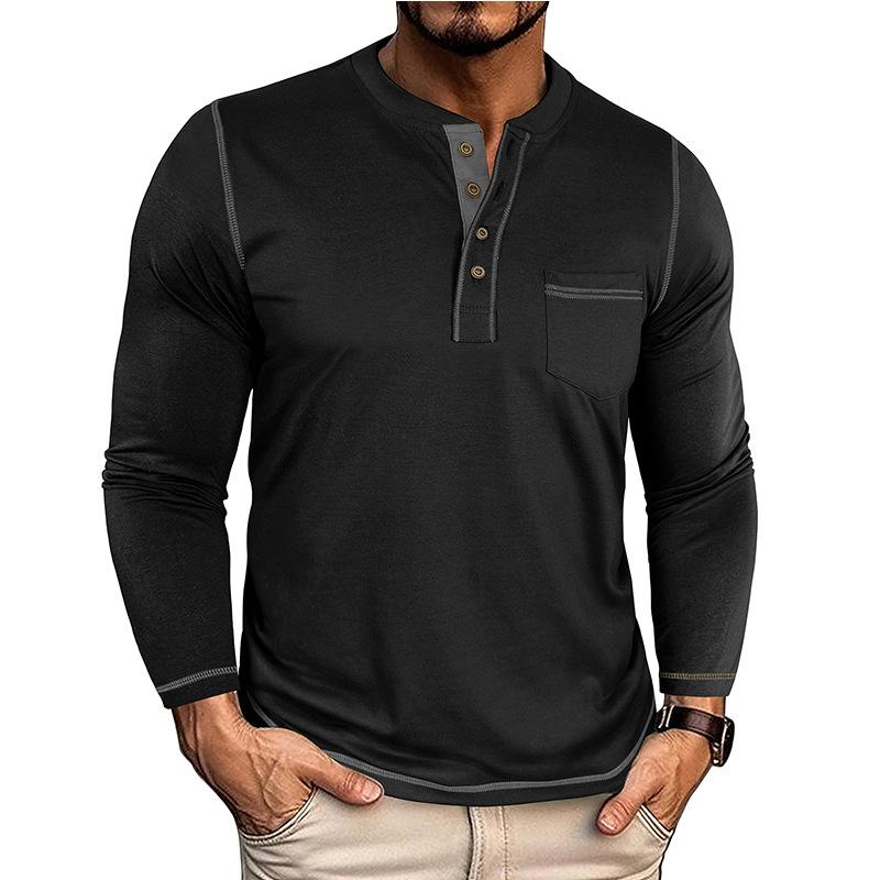 Men Color Block Henley Neck Long Sleeve Casual T Shirt With Pocket M чёрный