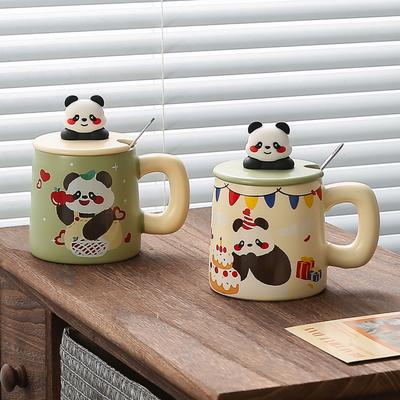 Creative Hand Painted Panda Ceramic Cups  Cute Retro Mugs  High Appearance Level Couple Cups with LIDS  Household Drinking Cups