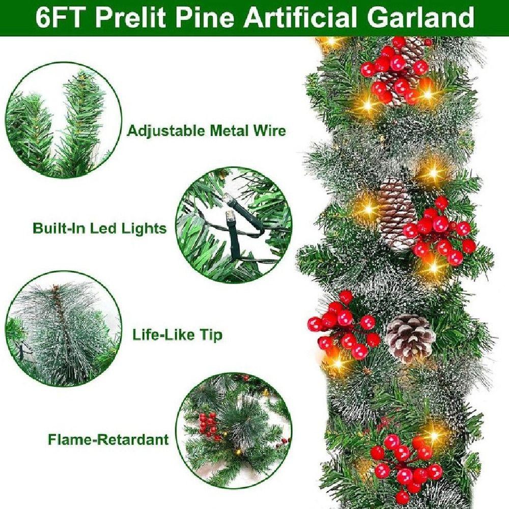 8 Modes LED Christmas Garland Lifelike Timer Artificial Christmas Garland Waterproof Green Christmas Hanging Ornaments