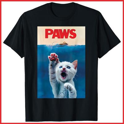 Paws Funny Cat Parody Cat Lover Gift Kitten Shark Black Cotton T-Shirt Unisex T-Shirt