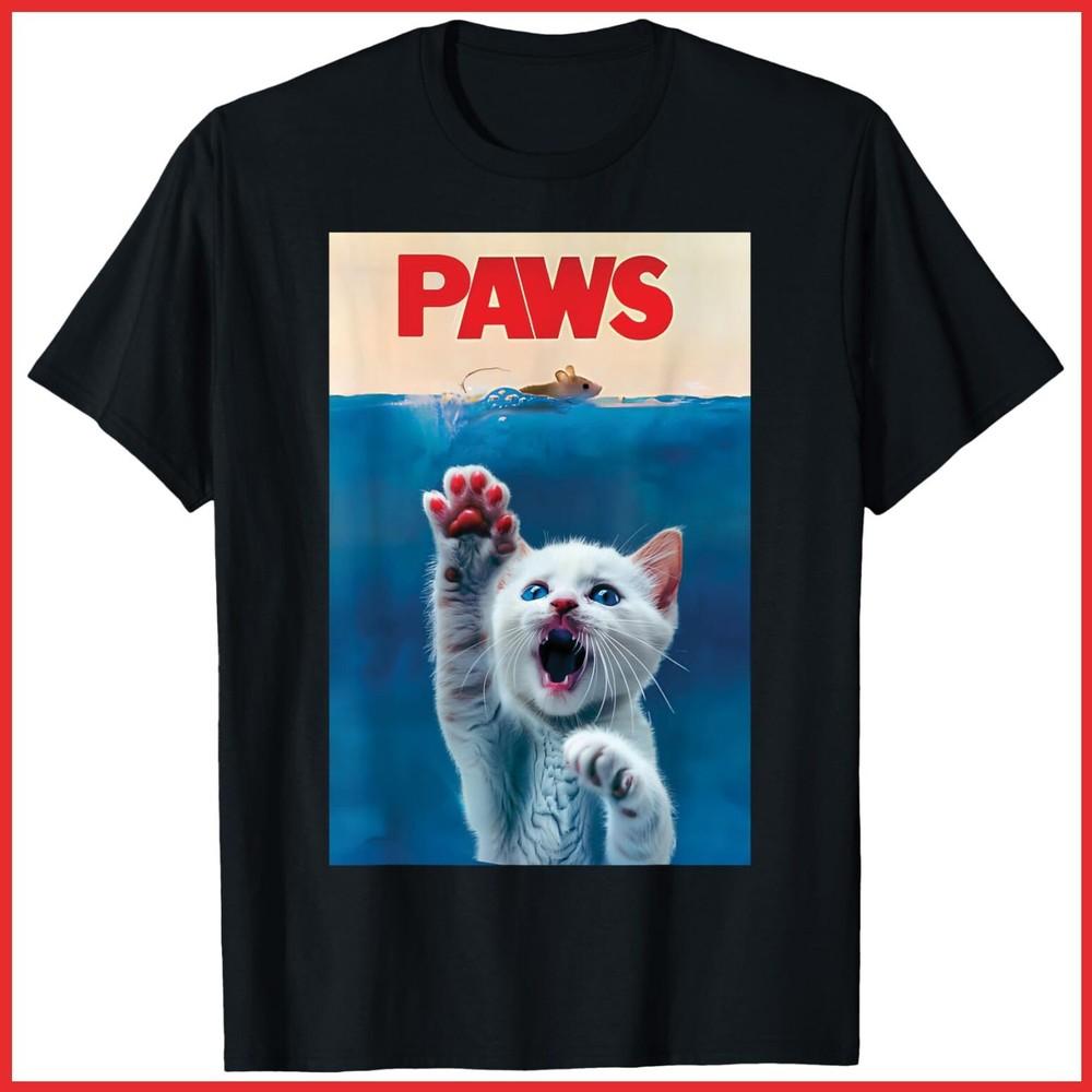 Paws Funny Cat Parody Cat Lover Gift Kitten Shark Black Cotton T-Shirt Unisex T-Shirt XXXXL