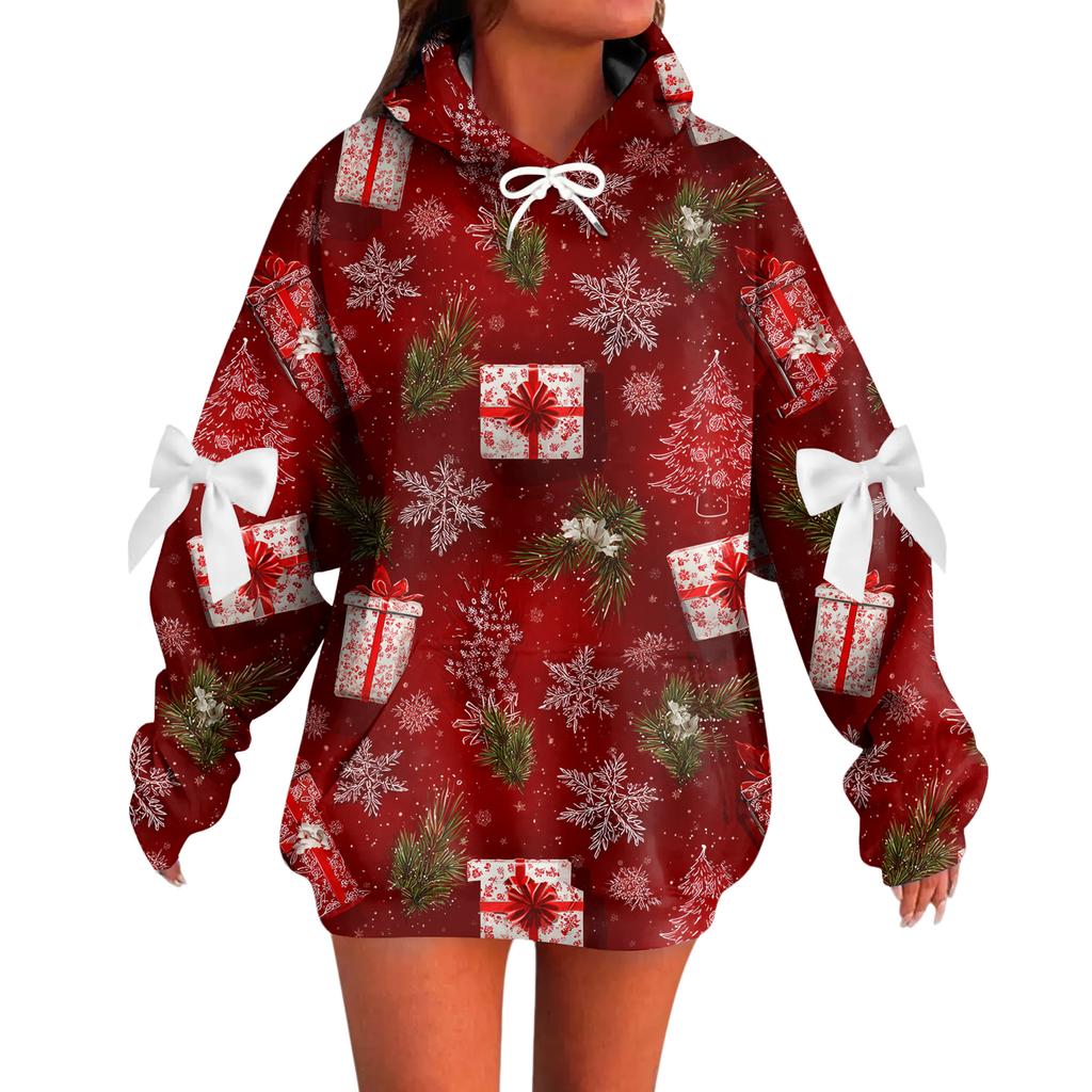 Ladies' Christmas Printed Bow Long Sleeved Loose Fitting Headband With Rope Hooded Sweatshirt Top