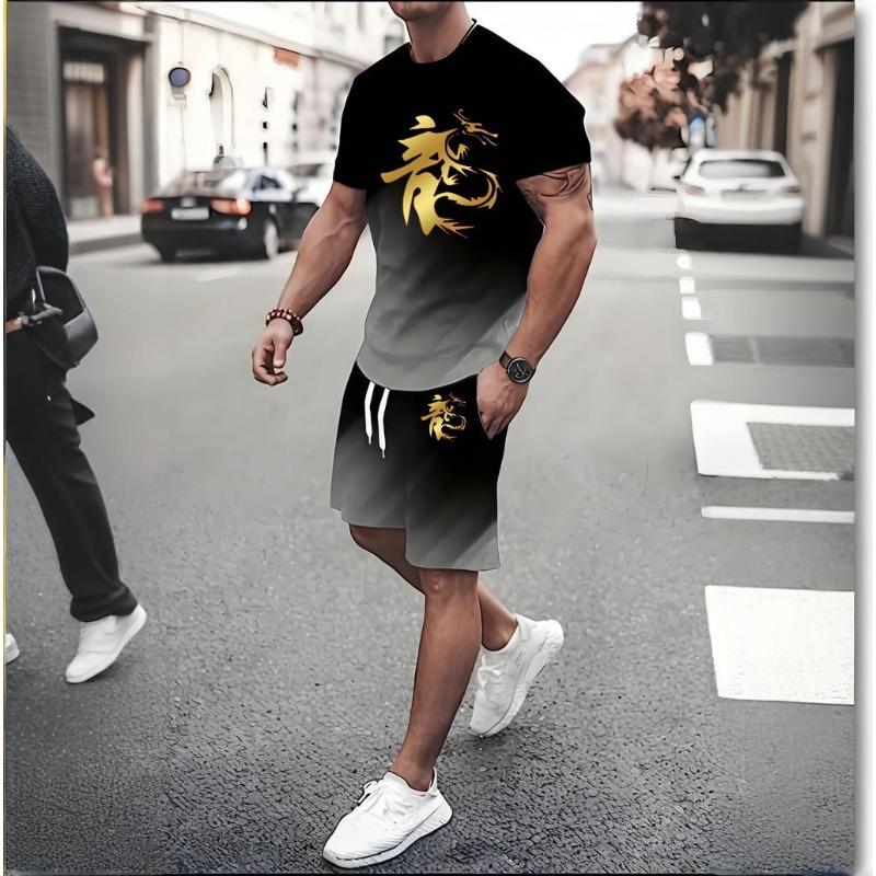 

Мужской спортивный фитнес-комплект для 3D-печати, костюм для бега, повседневная футболка + шорты, дышащая одежда для пробежек, спортивный костюм с принтом дракона 3XL