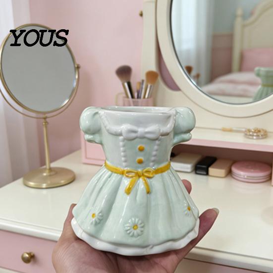 Desk Organizer Bow Dress Pencil Cup, Ceramic Organizer, Cute Makeup Stationery Brush Holder for Girls Room, Office Gift Women