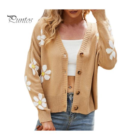 

Женское вязаное пальто с цветочным узором, свитер, кардиган с V-образным вырезом, длинным рукавом, планкой на пуговицах, трикотажная куртка XXL