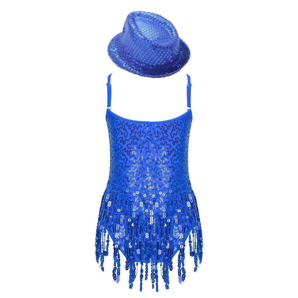 Girls Sleeveless V Neckline Mesh Patchwork Shiny Sequins Tassel Hem Leotard Hat Jazz Latin Dance Costume