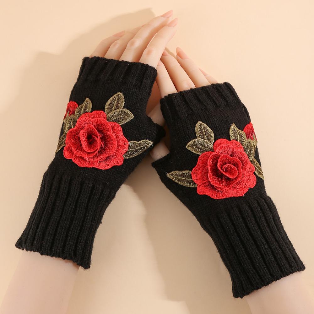 Vintage Embroidery Knitted Gloves Floral Fingerless Gloves Cute Crochet Flower Mittens Outdoor