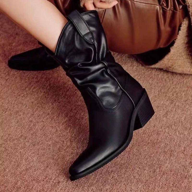 Fashion Women Chunky Heeled Western Boots Faux Suede Ankle Boots Woman Autumn Vintage Loose Tube Pleated Mid Calf Cowboy Botas Mujer
