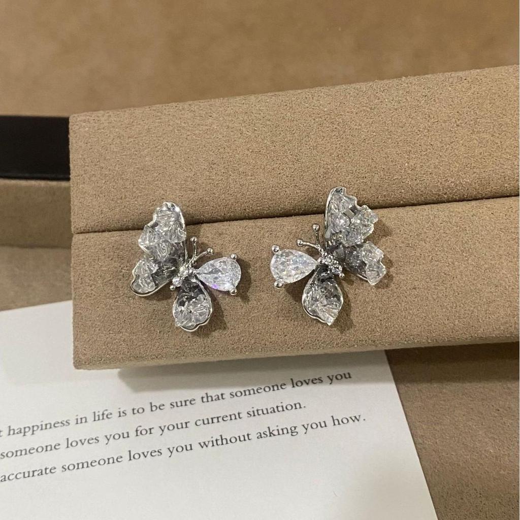 French Black Crystal Zircon Butterfly Earrings - Sweet and Stylish Versatile Studs