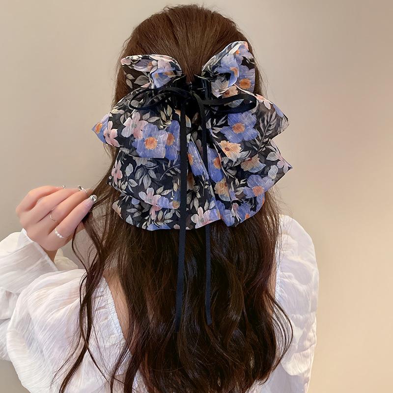 French Vintage Floral Bow Fluttering Band Grasp Clip Women Elegant Temperament Pan Hair Shark Clip Girls Hair Accessories