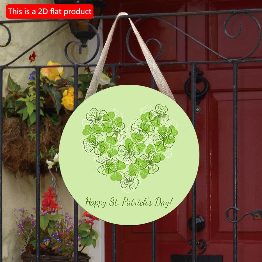 2D Flat 20*20cm1pc St.Patrick's Day Green Three-leaf Love Heart Shape Round Door Pendant, St.Patrick'sDay Simple Style Hanging Wooden Sign Suitable