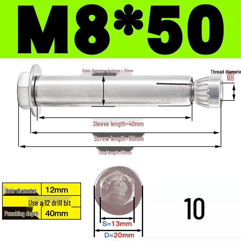 Stainless Steel Expansion Screw: Hexagonal Head with Internal Expansion (304/201), Sizes M6, M8, M10, M12.