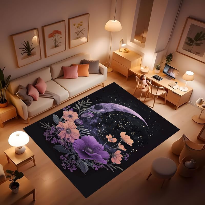 Moon and Sun Carpet Bohemian Decorative Rug, Washable Rug for Bedroom Office Hallway Living Room Mysterious Crescent Moon Sun