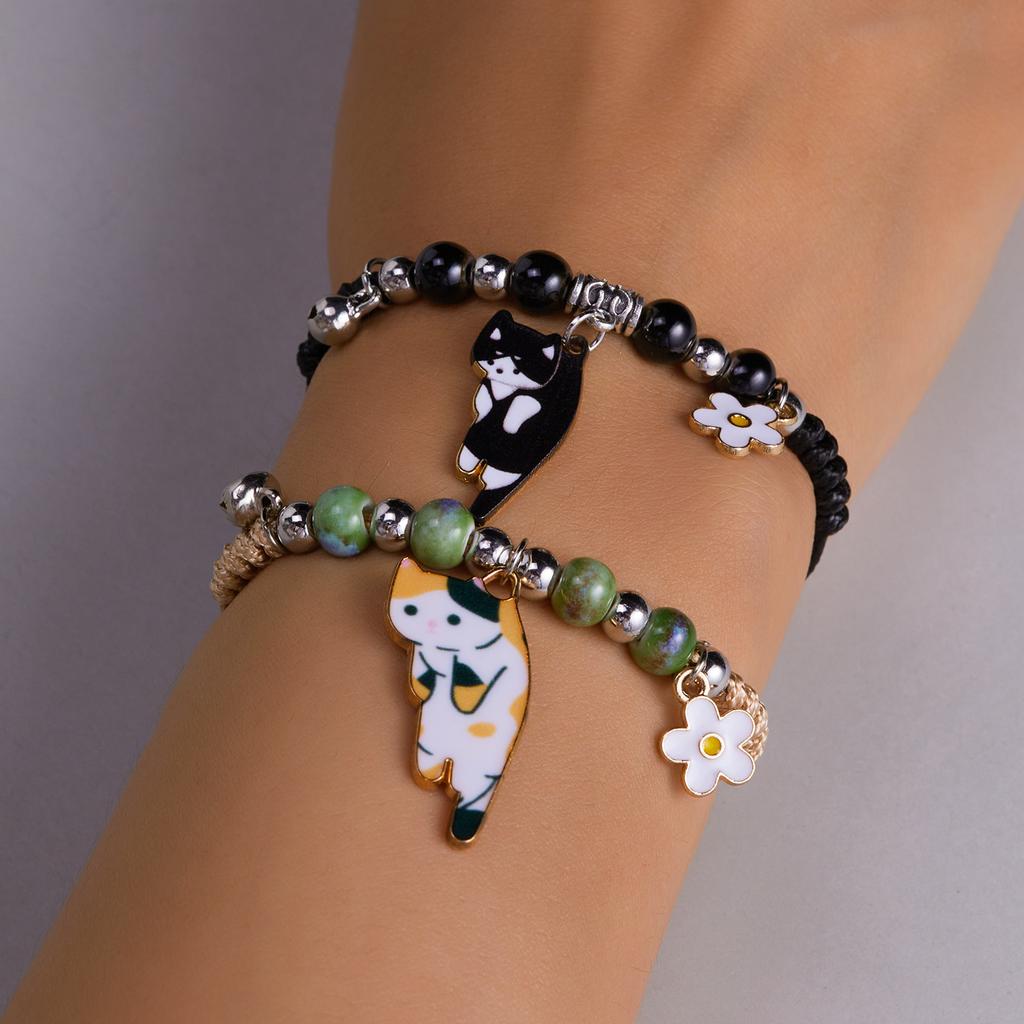 Handgefertigtes Cartoon Emaille Katze Blume Armband für Damen Herren Paare Tier Haustier Anhänger Band Seil Armbänder Freundschaft Schmuck