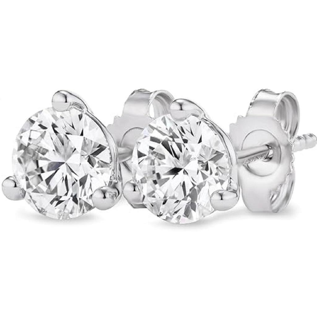 2.00 Carat Lab Grown Diamond Round Stud Earrings for Women 14k White Gold I-J Color VS1-VS2 Clarity 3-Prong Martini Setting Push Back Closure