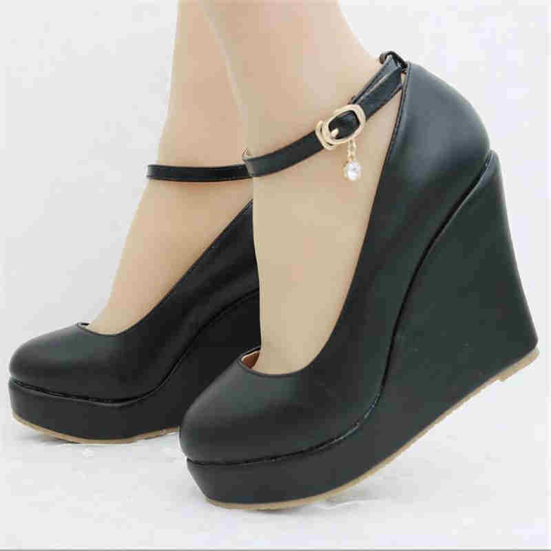 Fashion Ankle Strap Platform Wedges Women High Heel Shoes Woman White Party Wedding Shoes Mary Janes Women's Pumps 33-43