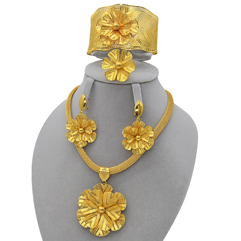 Women's Dubai Gold Jewellery Set Flower 24K Gold Plated Necklace Sets