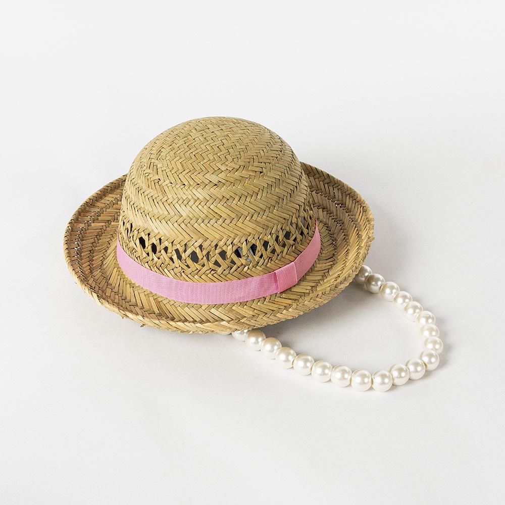 Spring and Summer New Children's Fashion Casual Hollow Hand-woven Dome Curled Edge Large Pearl Chain Straw Hat Outdoor Catwalk Hat