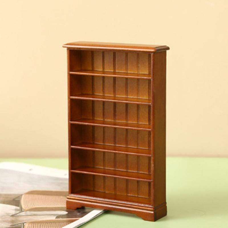 Miniature Library Wooden Bookshelf Model Realistic Dollhouses Bookcase Cabinet Furniture Ornament Decors for 1:12 Scale